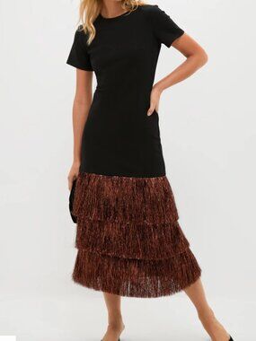 Black & Bronze Metallic Fringe Francie Short Sleeve Dress